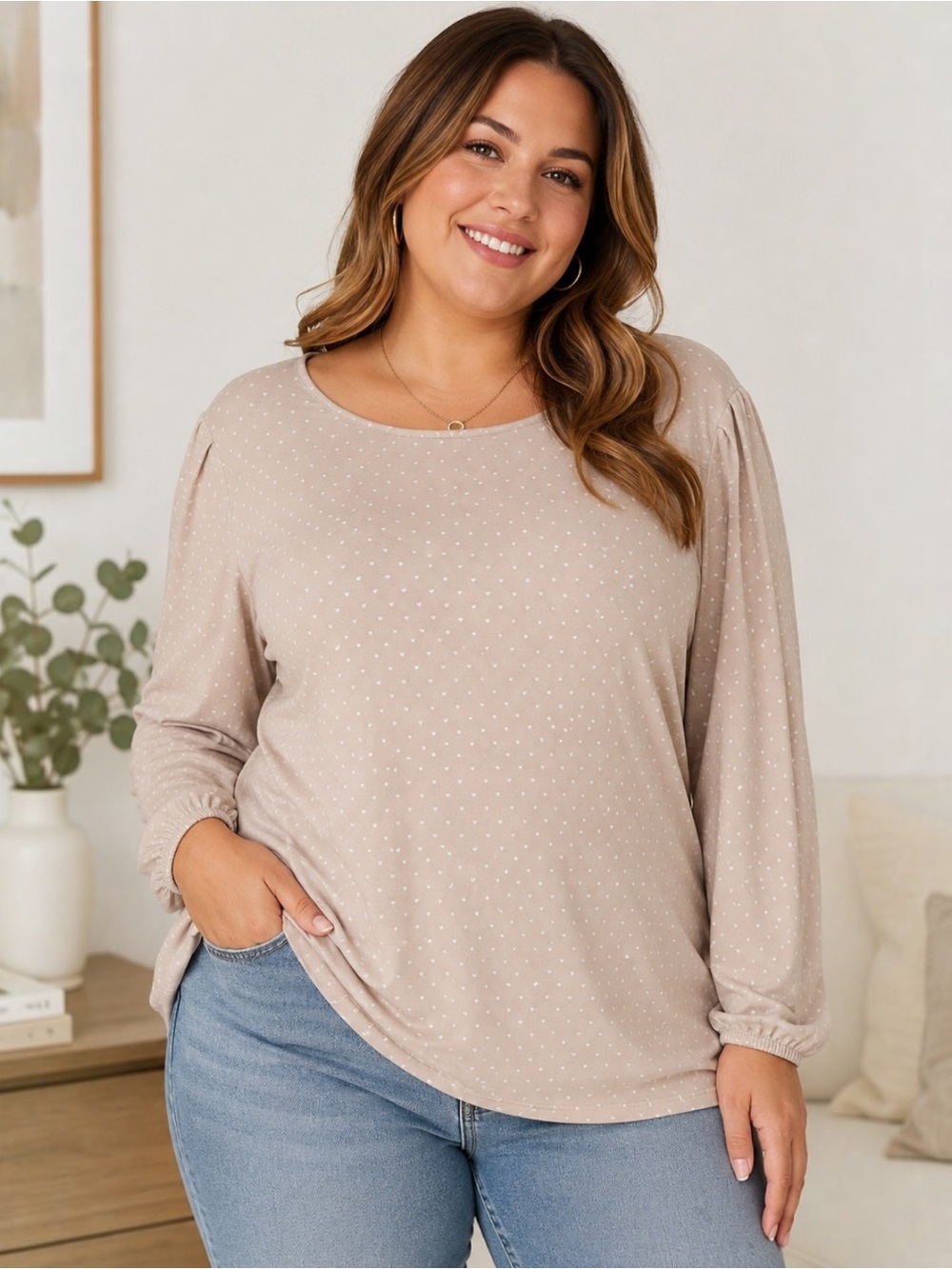 Adrianna Papell 2X Beige White Heart Print Stretch Knit Long Sleeve Blouse